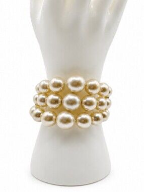 💎Vintage Faux Pearl 4 Row Stretch Cuff Bracelet Ivory Statement Wedding Classic